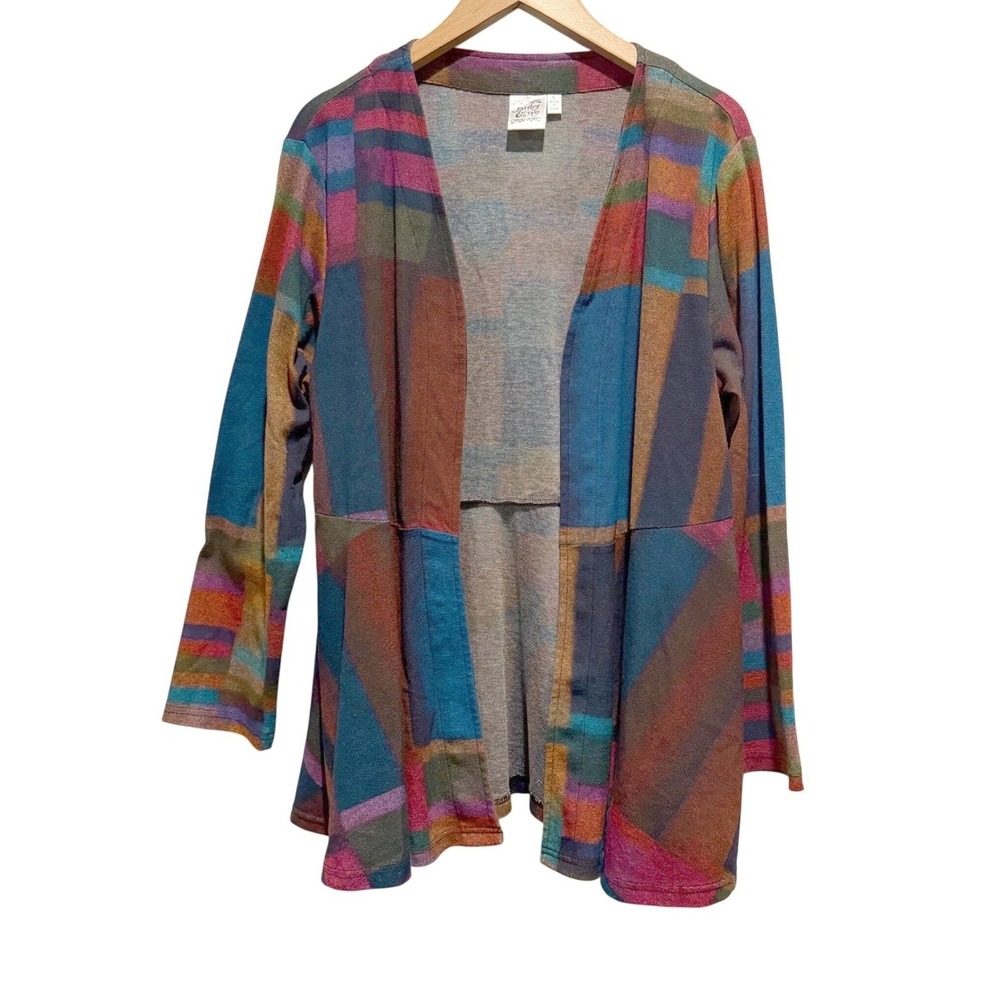 Parsley & Sage Open Front Cardigan Pockets Women L Patchwork Artsy Boho Layering